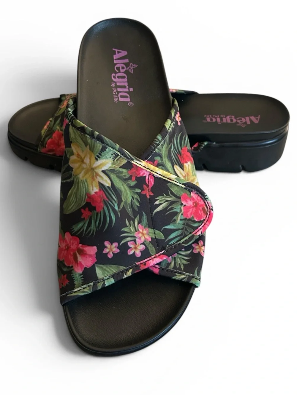 Alegria Airie Black Tropical Floral Sandals Adjustable Slides Size 40 EU
